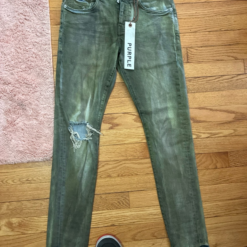 Purple Men's Olive Skinny Jeans with Distressed Knee